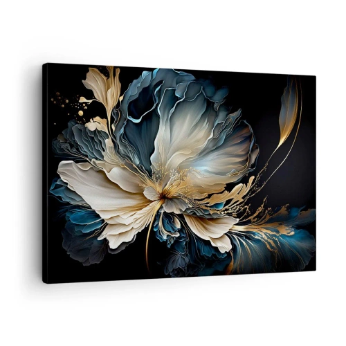 Quadro su tela - Stampe su Tela - Un fiore nei toni dell'oro e del blu navy su uno sfondo nero - 70x50cm - Fantastico fiore di felce - Decorazione murale moderna per soggiorno e camera da letto ARTTOR