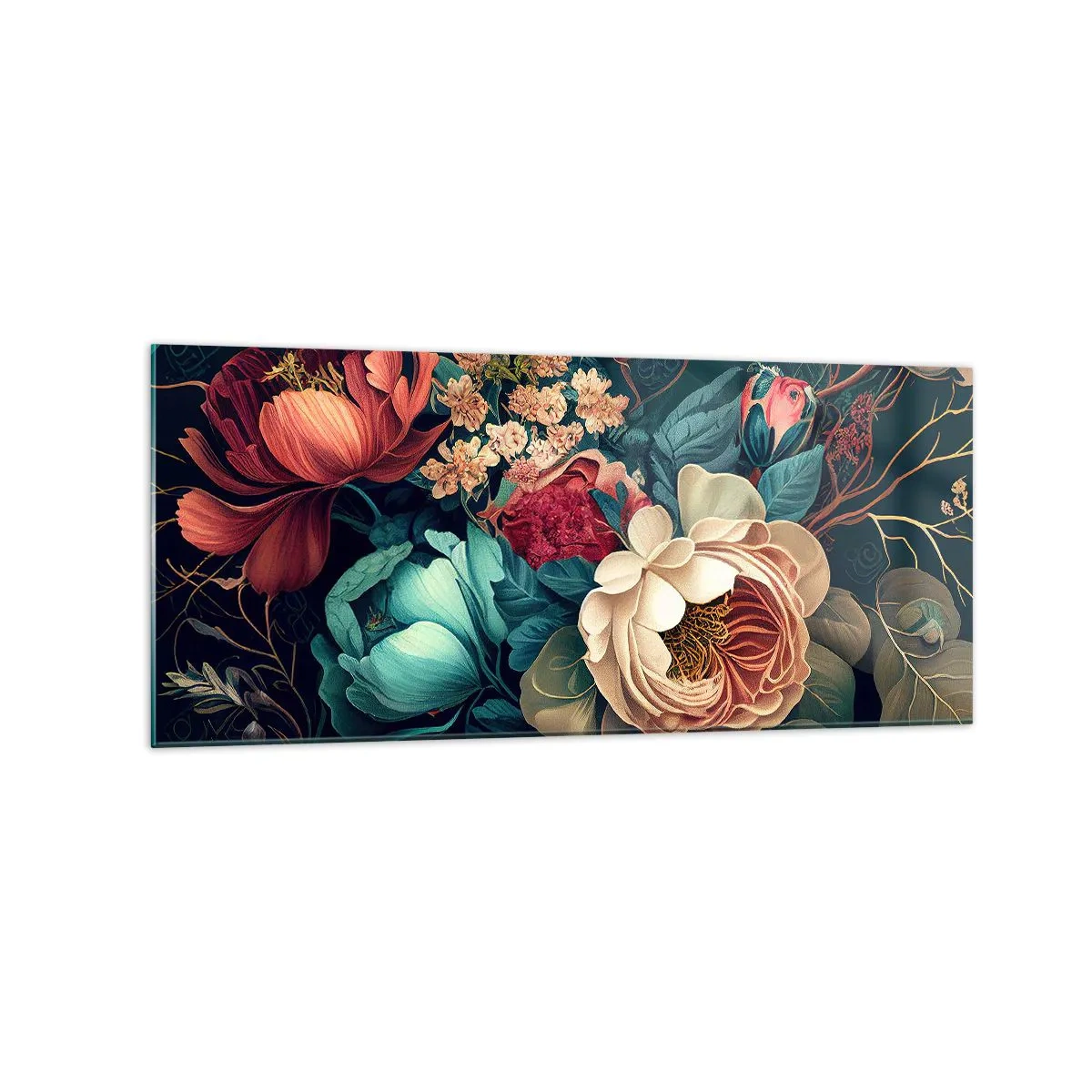 Quadro su vetro - Una composizione colorata di fiori su uno sfondo scuro - 120x50cm - Il fascino del 19esimo secolo - Decorazione murale moderna per soggiorno e camera da letto ARTTOR