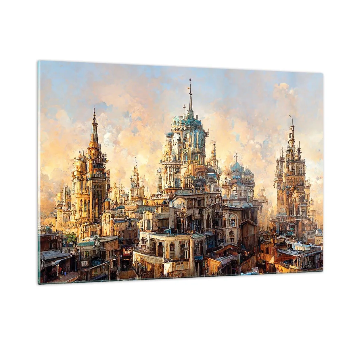 Quadro su vetro - Un fantastico panorama della città con torri e palazzi - 120x80cm - La città delle città - Decorazione murale moderna per soggiorno e camera da letto ARTTOR