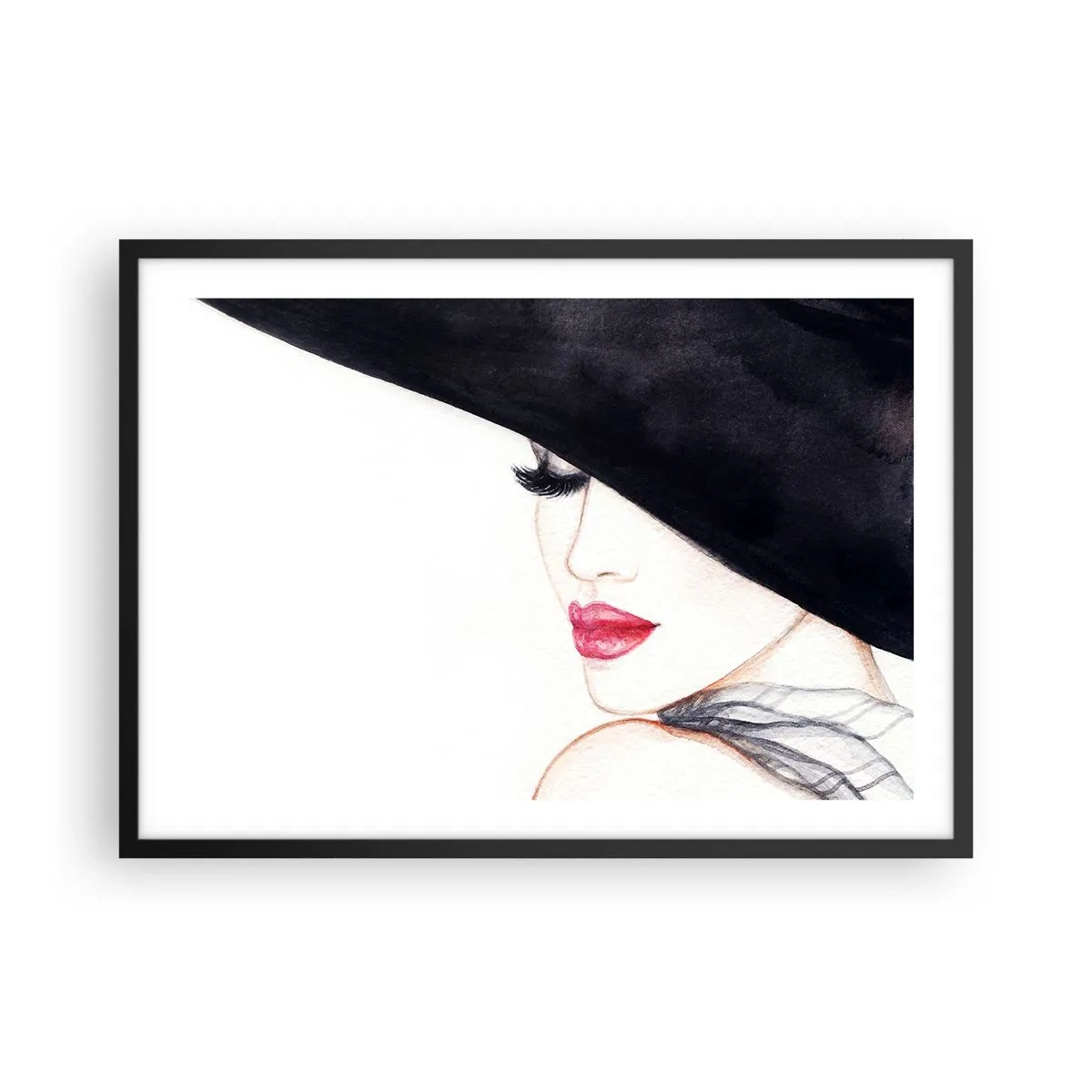 Poster in cornice nera - Un'illustrazione sottile di una donna con un cappello nero e labbra rosse - 70x50cm - Eleganza e sensualità - Decorazione murale moderna per soggiorno e camera da letto ARTTOR