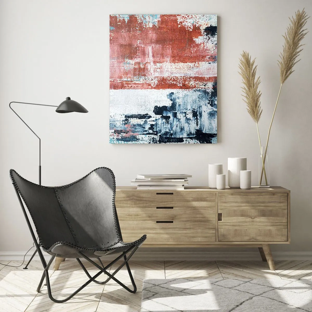 Quadro su vetro - Una combinazione astratta di blu e rosso ruggine - 50x70cm - Astratto in due metà - Decorazione murale moderna per soggiorno e camera da letto ARTTOR