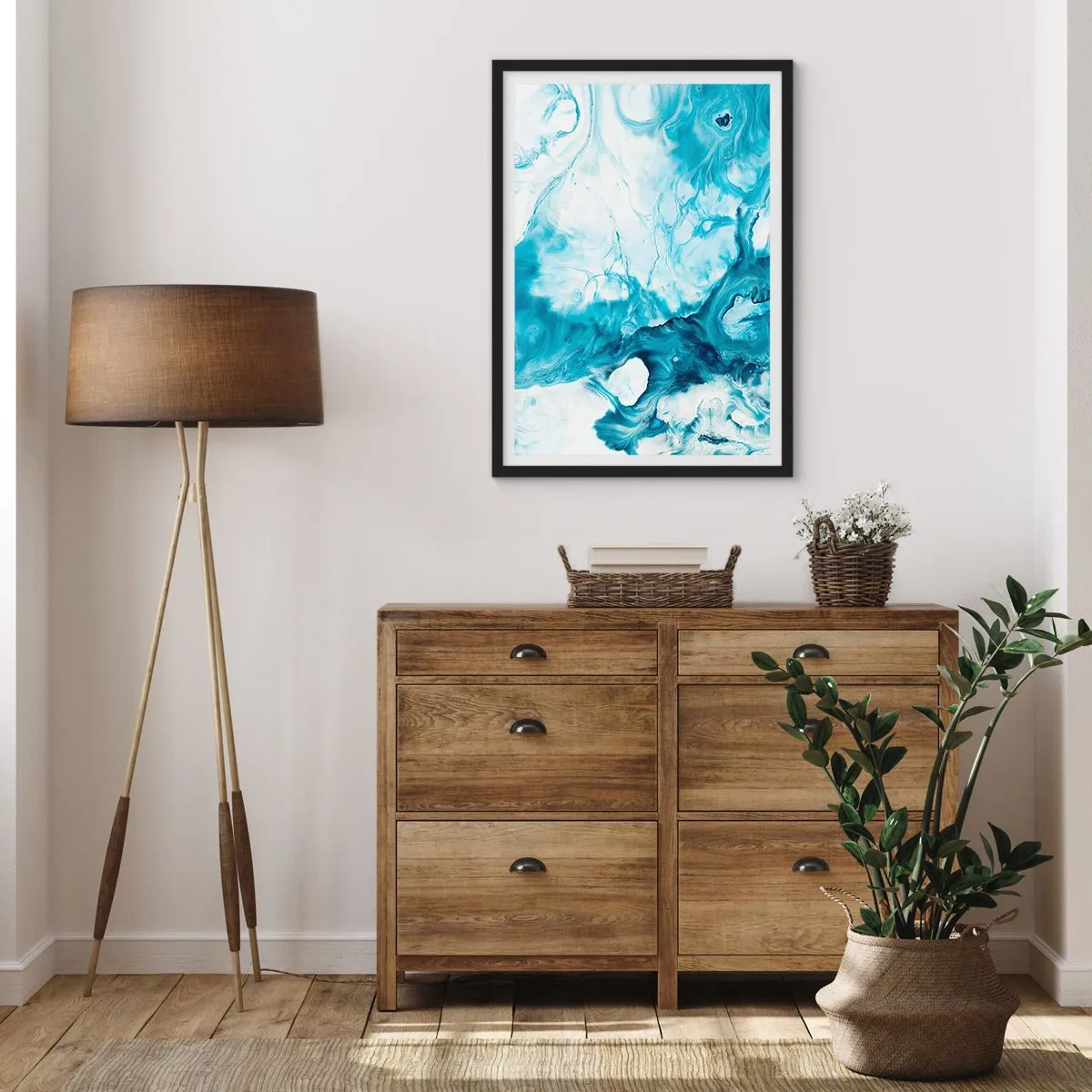 Poster in cornice nera - Composizione astratta nei toni del blu e del bianco - 50x70cm - Concerto di blu - Decorazione murale moderna per soggiorno e camera da letto ARTTOR