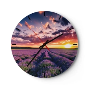 Orologio da parete - Orologio in Vetro - Un campo di lavanda al tramonto con un cielo pittoresco - 30x30cm - Il mondo della lavanda - Decorazione murale moderna per soggiorno, cucina e camera da letto ARTTOR
