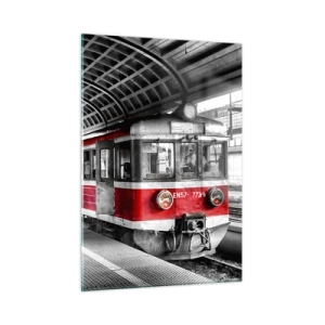 Quadro su vetro - Trenino rosso alla stazione sotto un tetto - 50x70cm - Sarà il viaggio della propria vita? - Decorazione murale moderna per soggiorno e camera da letto ARTTOR