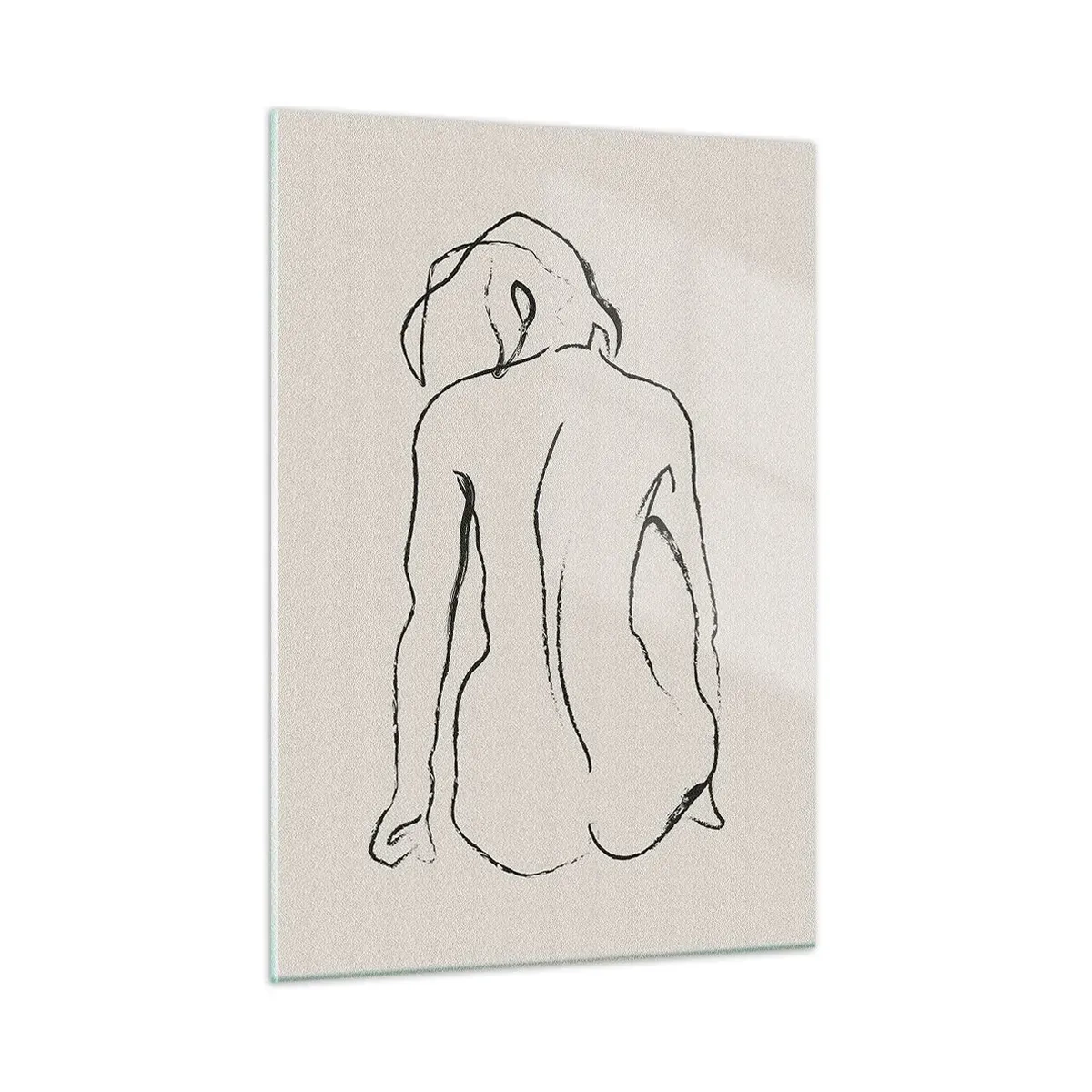 Quadro su vetro - Delicato schizzo di una donna seduta, disegnato in nero su sfondo chiaro. - 50x70cm - Nudo di ragazza - Decorazione murale moderna per soggiorno e camera da letto ARTTOR