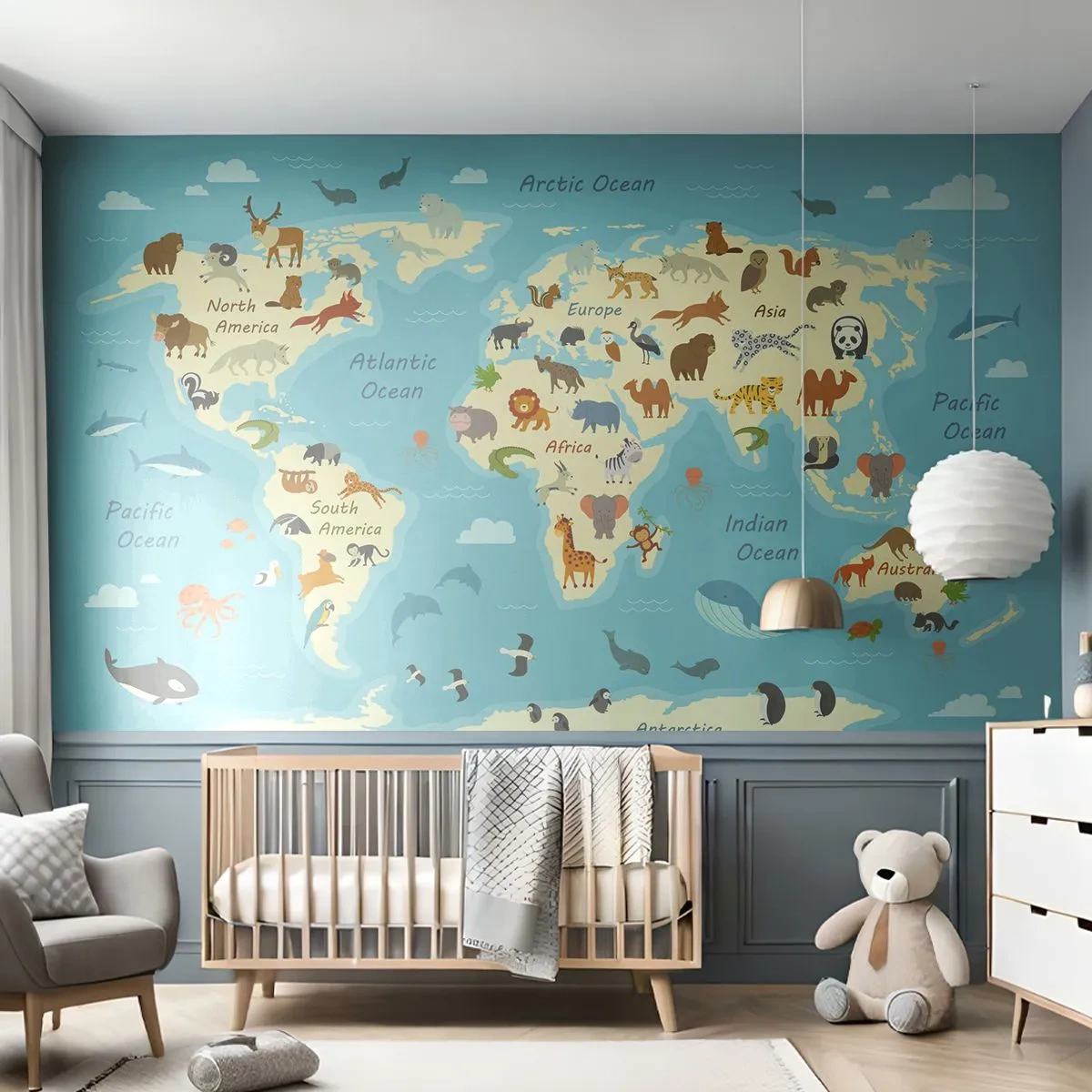 Fotomurali Autoadesivo Deluxe Sticker - Buoni vicini - Mappa del mondo, Mappa con animali, Animali - 250x175 cm