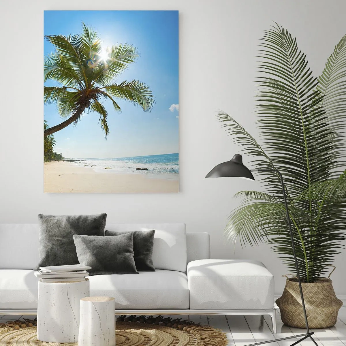 Quadro su vetro - Spiaggia tropicale con palme e cielo azzurro - 50x70cm - Non farlo vedere a nessuno - Decorazione murale moderna per soggiorno e camera da letto ARTTOR
