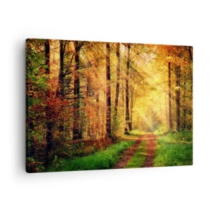 Quadro su tela - Stampe su Tela - Un sentiero nel bosco circondato da alberi dorati e verdi - 70x50cm - Il silenzio d'oro del bosco - Decorazione murale moderna per soggiorno e camera da letto ARTTOR