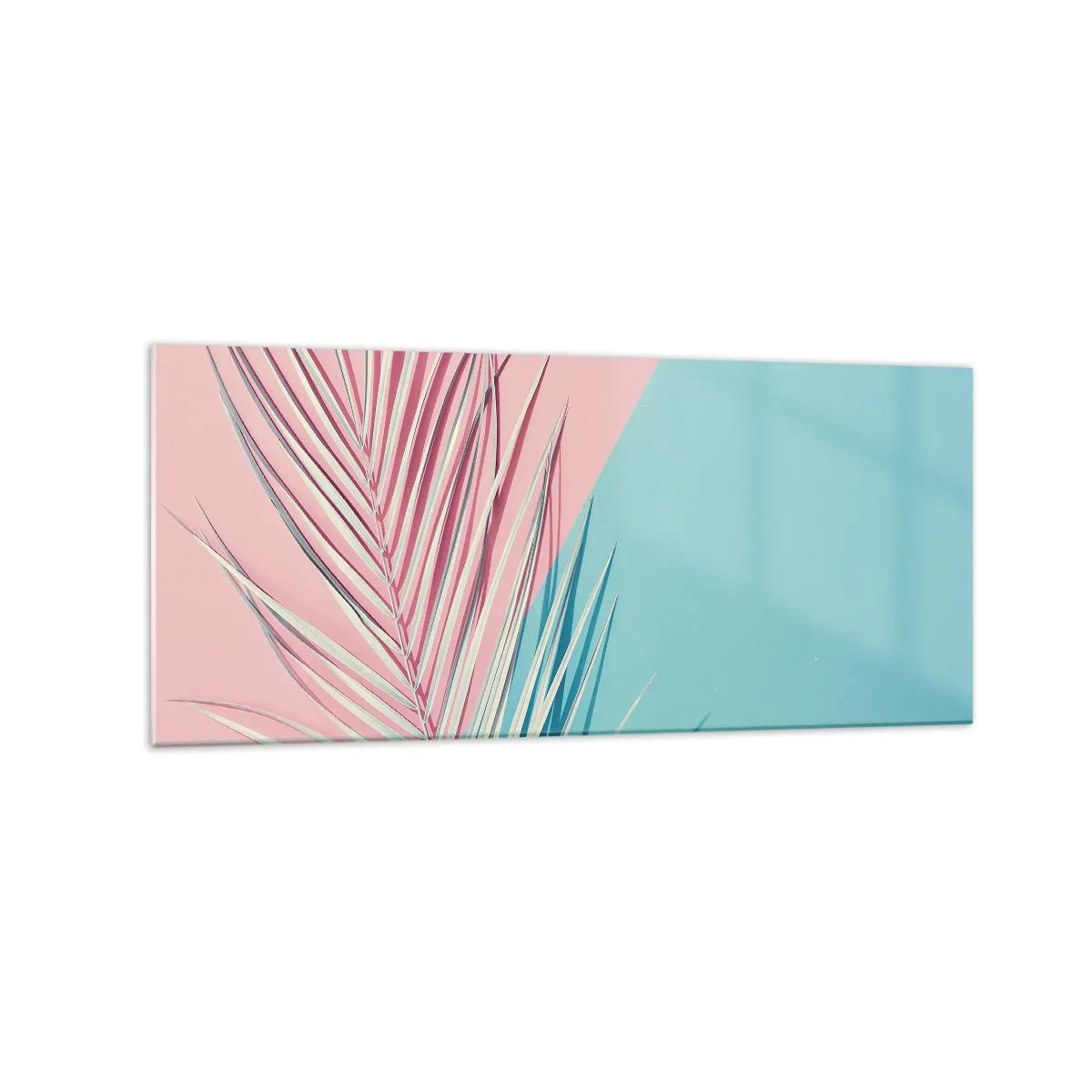 Quadro su vetro - Foglia tropicale su uno sfondo di tonalità pastello di rosa e blu - 120x50cm - Impressione tropicale - Decorazione murale moderna per soggiorno e camera da letto ARTTOR