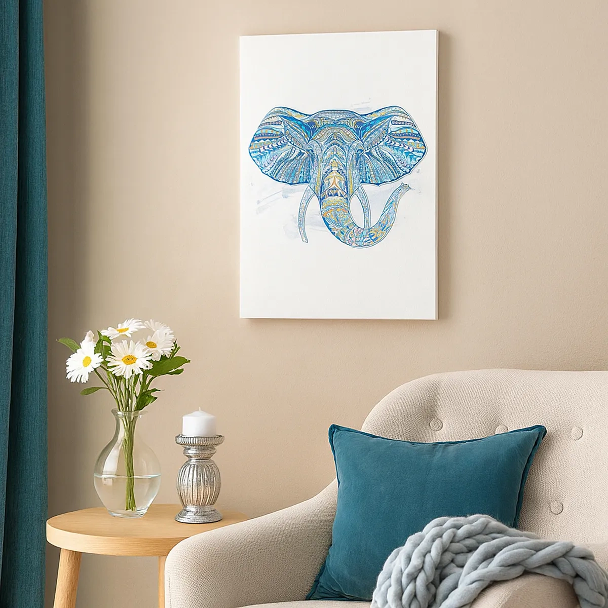 Quadro su tela - Stampe su Tela - Elefante geometrico nei toni del blu e dell'oro - 50x70cm - Intarsiato con oro e blu - Decorazione murale moderna per soggiorno e camera da letto ARTTOR