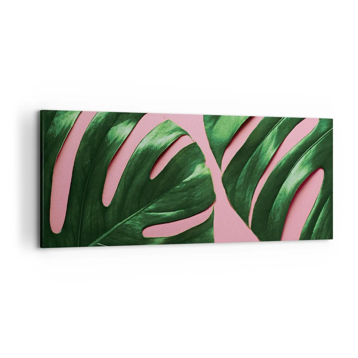 Quadro su tela - Stampe su Tela - Foglie di monstera verdi su sfondo rosa - 120x50cm - Appuntamento in verde - Decorazione murale moderna per soggiorno e camera da letto ARTTOR