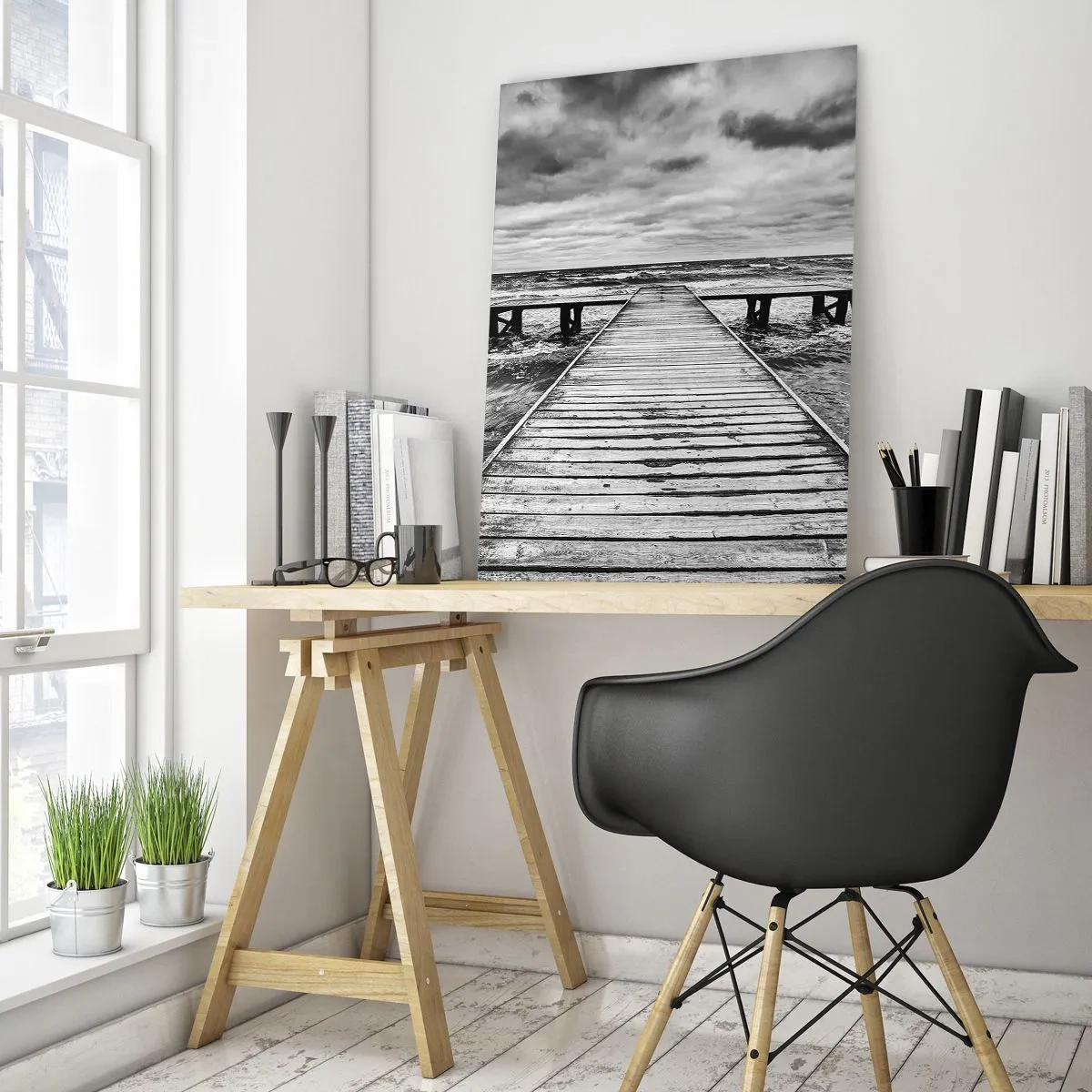 Quadro su vetro - Un molo bianco e nero in mezzo alle onde agitate - 50x70cm - Aspetto che il vento le scacci via... - Decorazione murale moderna per soggiorno e camera da letto ARTTOR