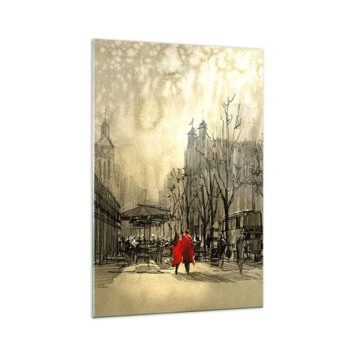 Quadro su vetro - Una figura rossa in un nostalgico contesto urbano - 70x100cm - Appuntamento nella nebbia di Londra  - Decorazione murale moderna per soggiorno e camera da letto ARTTOR
