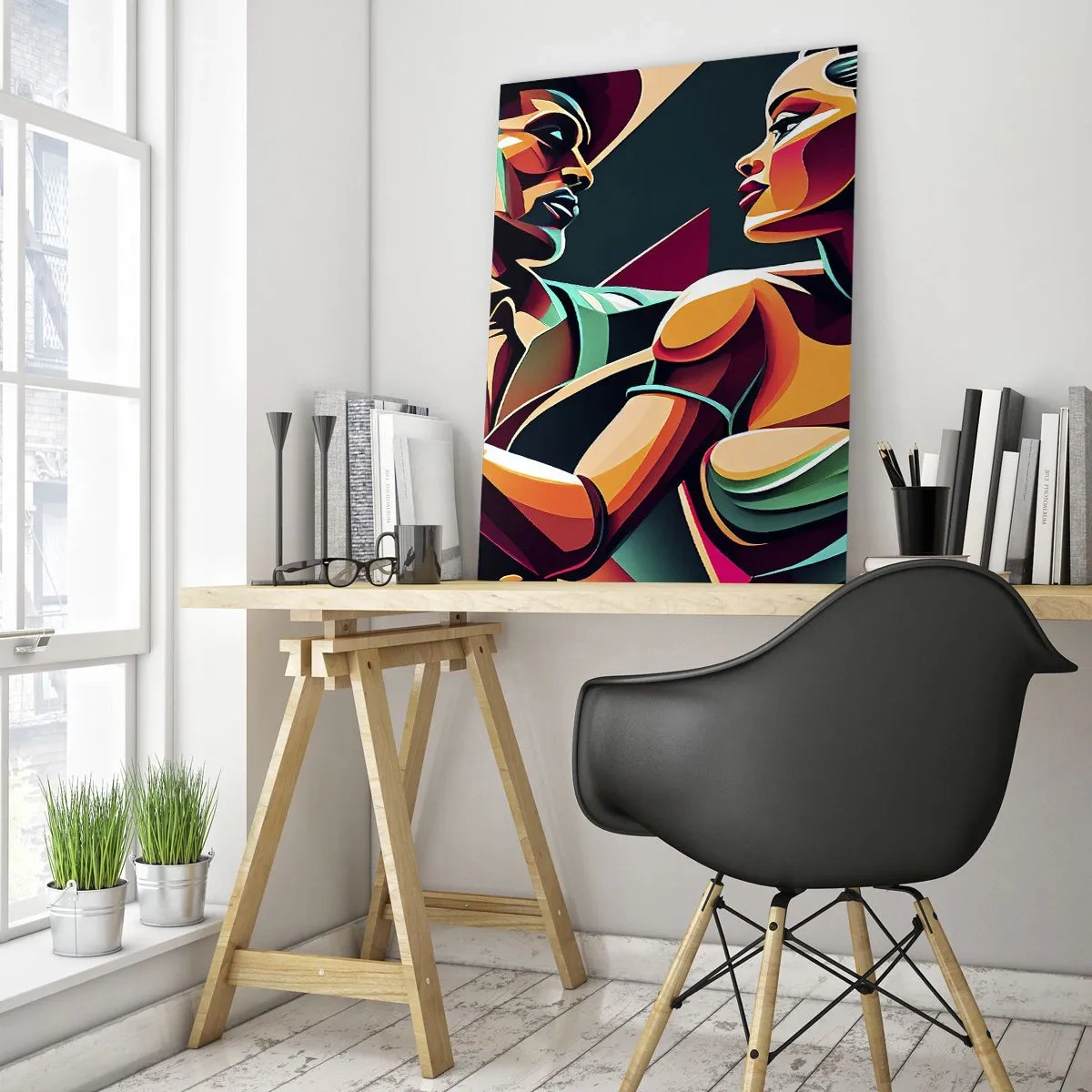 Quadro su vetro - Una coppia stilizzata che balla con colori geometrici e vivaci. - 80x120cm - Al ritmo del cuore - Decorazione murale moderna per soggiorno e camera da letto ARTTOR