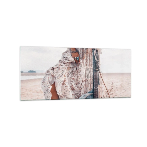 Quadro su vetro - Donna in stile boho con chitarra sulla spiaggia - 120x50cm - Figli dei fiori in cammino - Decorazione murale moderna per soggiorno e camera da letto ARTTOR
