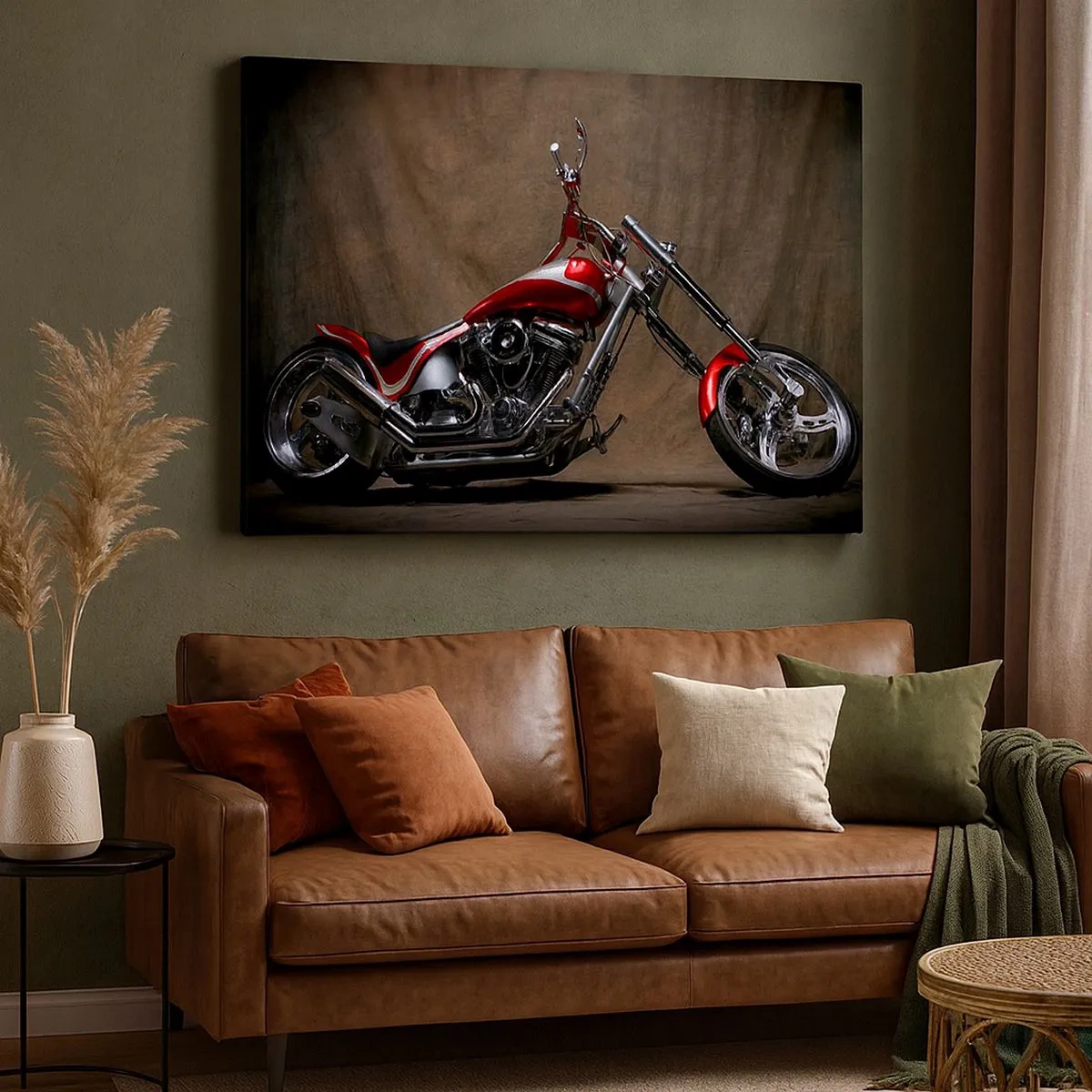 Quadro su tela - Stampe su Tela - Motocicletta personalizzata rossa su sfondo in tessuto marrone - 70x50cm - Bellezza in rosso e argento - Decorazione murale moderna per soggiorno e camera da letto ARTTOR
