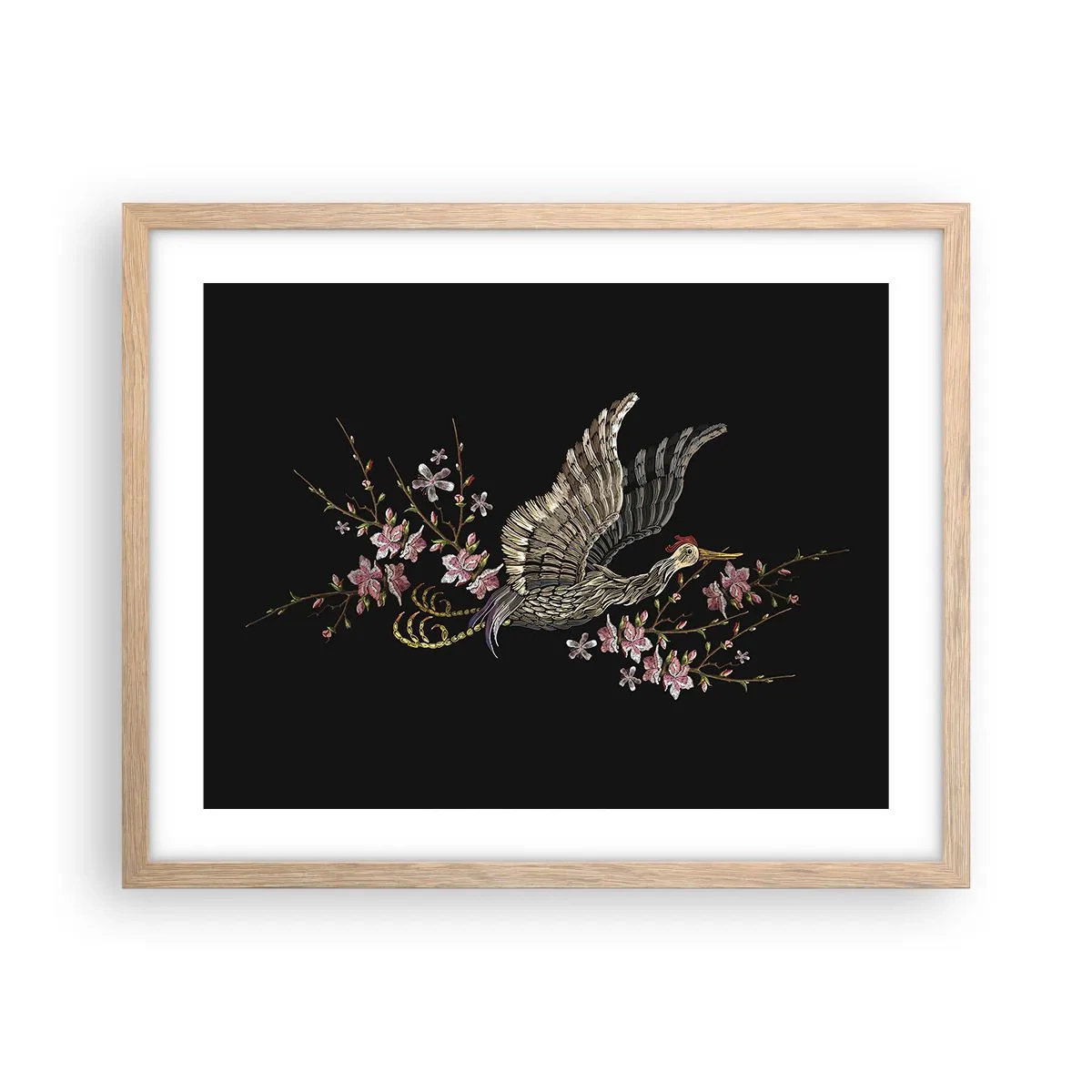 Poster in cornice rovere chiaro - Uccello esotico ricamato - 50x40 cm