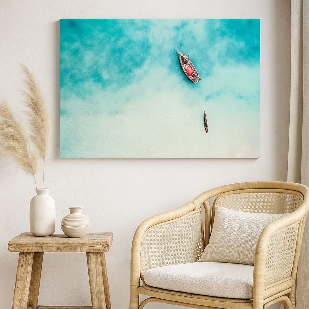 Quadro su tela - Stampe su Tela - Barche sull'acqua turchese viste da una prospettiva a volo d'uccello - 70x50cm - Nelle spiagge di Zanzibar, quando c'è troppa acqua... - Decorazione murale moderna per soggiorno e camera da letto ARTTOR
