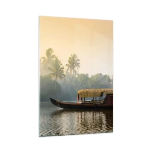 Quadro su vetro - Una barca tradizionale su un fiume calmo tra le palme - 80x120cm - Casa sul fiume - Decorazione murale moderna per soggiorno e camera da letto ARTTOR