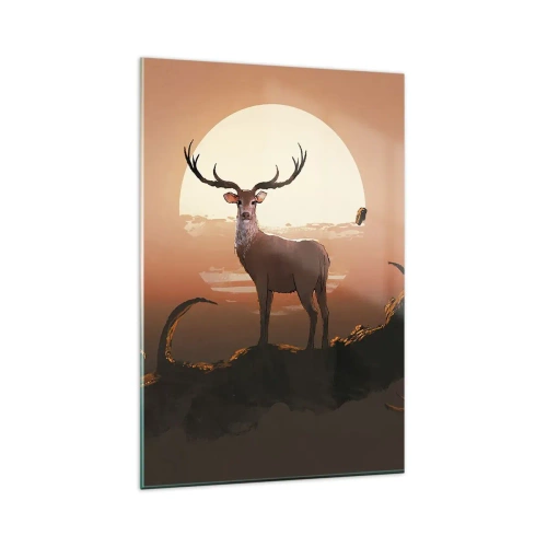 Quadro su vetro - Un cervo sullo sfondo del sole al tramonto e di un paesaggio surreale - 80x120cm - Questa notte è diversa dalle altre - Decorazione murale moderna per soggiorno e camera da letto ARTTOR