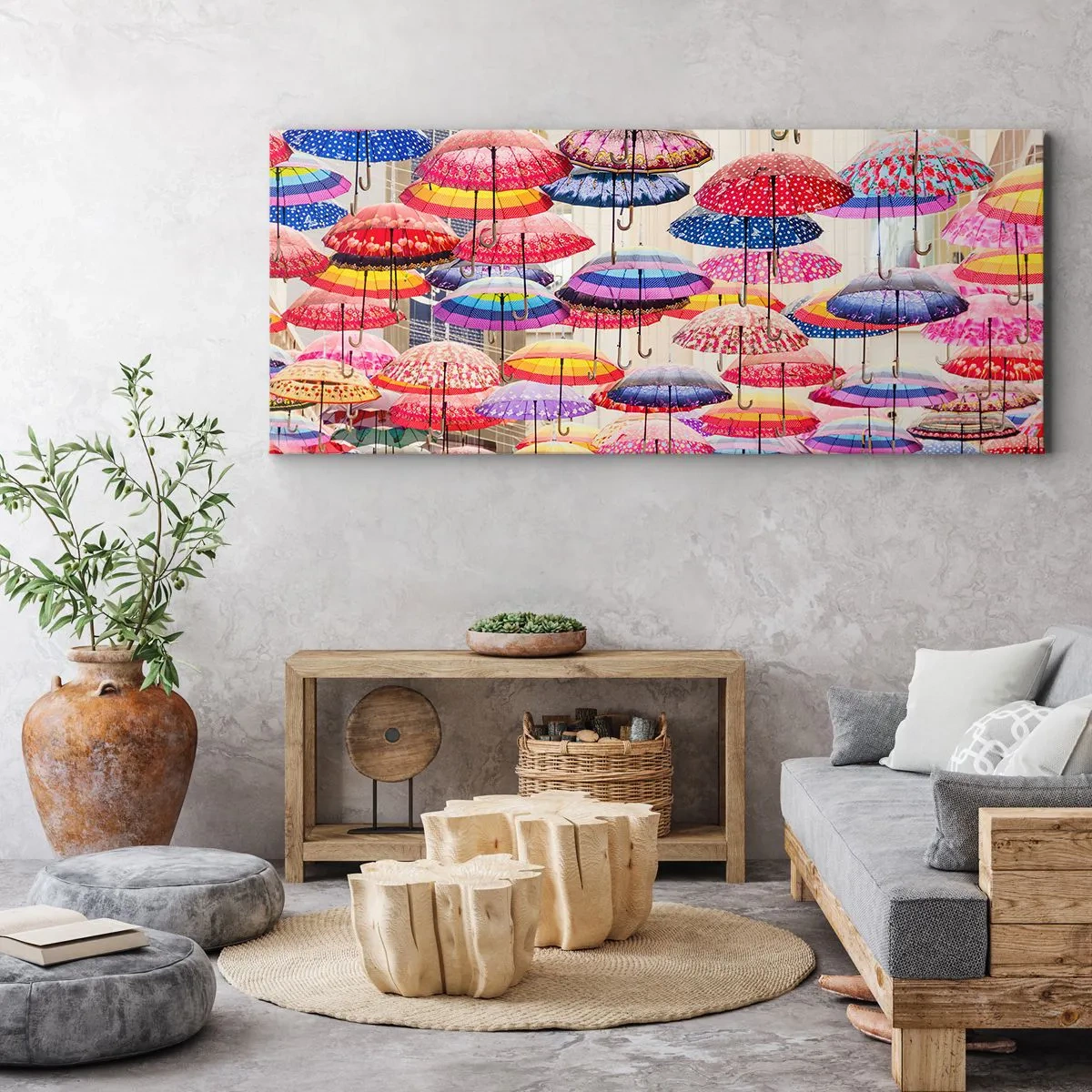 Quadro su tela - Stampe su Tela - Ombrelli colorati sospesi nell'aria - 140x50cm - Prato cittadino - Decorazione murale moderna per soggiorno e camera da letto ARTTOR