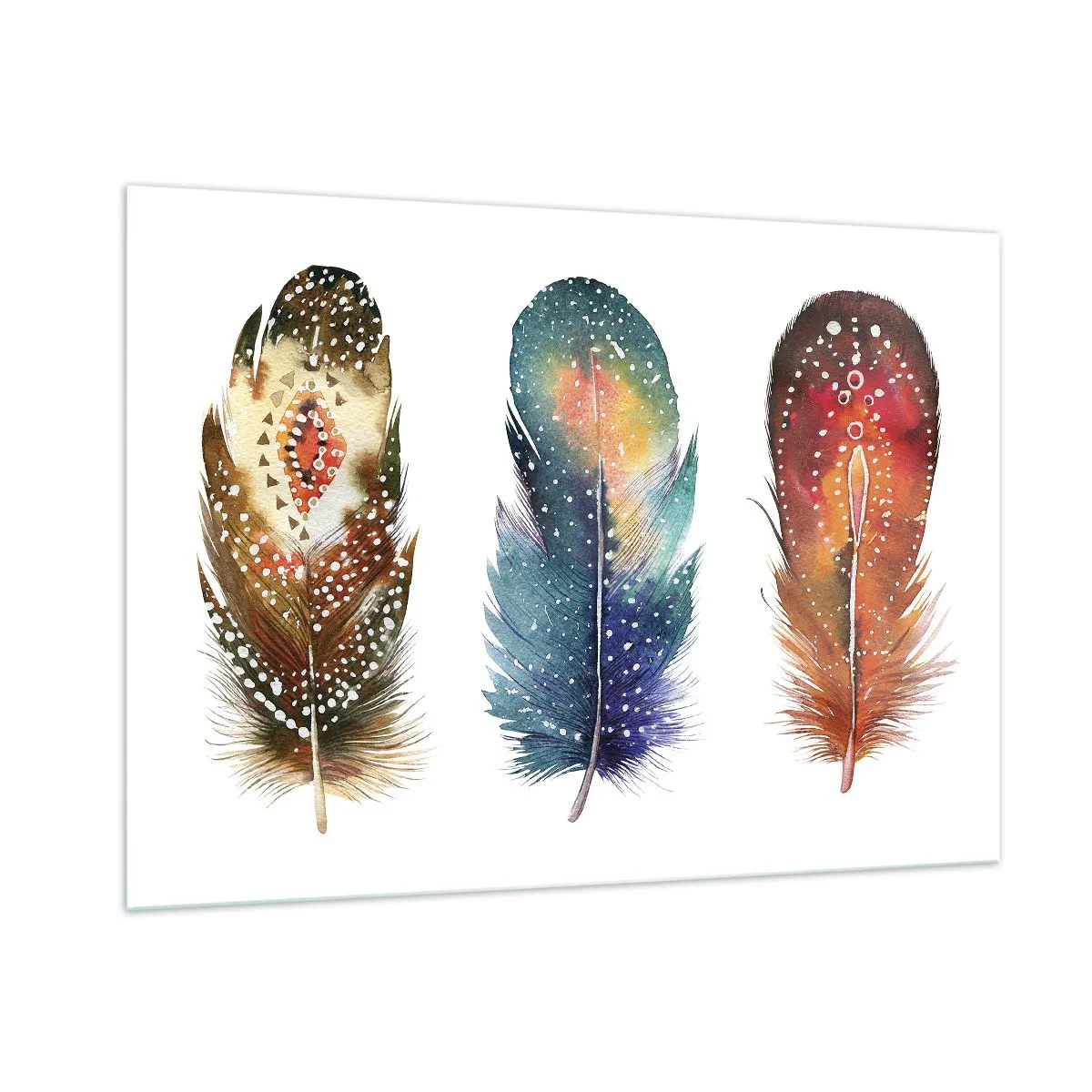 Quadro su vetro - Tre piume colorate con motivi etnici - 100x70cm - Cerimonie, riti, misteri - Decorazione murale moderna per soggiorno e camera da letto ARTTOR