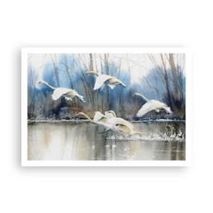 Poster - Cigni in volo sopra un lago ghiacciato in un paesaggio invernale - 100x70cm - Come la favola dei cigni selvatici - Decorazione murale moderna per soggiorno e camera da letto ARTTOR