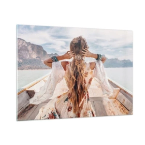 Quadro su vetro - Una donna su una barca guarda verso le montagne e il lago. - 100x70cm - In cammino verso la felicità - Decorazione murale moderna per soggiorno e camera da letto ARTTOR