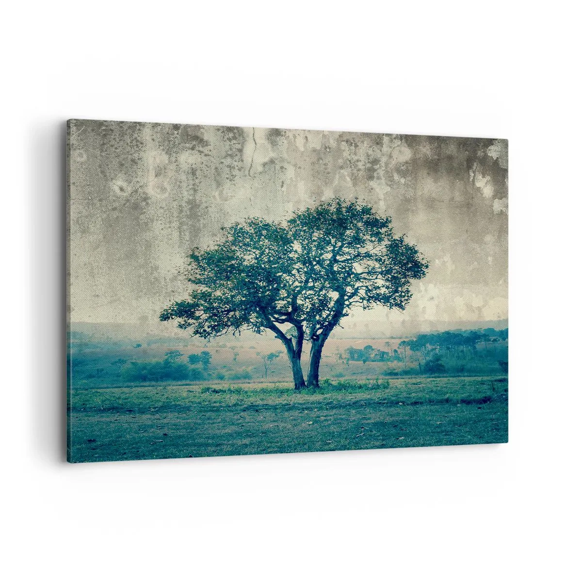 Quadro su tela - Stampe su Tela - Un albero solitario contro un paesaggio nebbioso - 100x70cm - Un melo su un prato blu? - Decorazione murale moderna per soggiorno e camera da letto ARTTOR