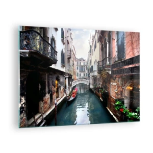 Quadro su vetro - Un canale veneziano con una gondola circondata da edifici storici - 70x50cm - Paesaggio veneziano con gondola e ponte - Decorazione murale moderna per soggiorno e camera da letto ARTTOR