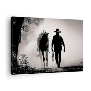 Quadro su tela - Stampe su Tela - Cowboy con cavallo nella nebbia mattutina - 70x50cm - Mattino texano - Decorazione murale moderna per soggiorno e camera da letto ARTTOR