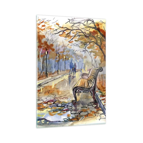 Quadro su vetro - Un parco autunnale con una panchina in acquerello - 80x120cm - Passeggiando insieme l'autunno - Decorazione murale moderna per soggiorno e camera da letto ARTTOR
