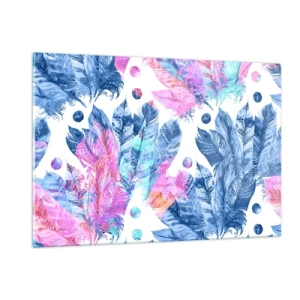 Quadro su vetro - Piume colorate nelle tonalità del rosa e del blu su sfondo bianco - 120x80cm - Pennacchi in rosa e blu - Decorazione murale moderna per soggiorno e camera da letto ARTTOR