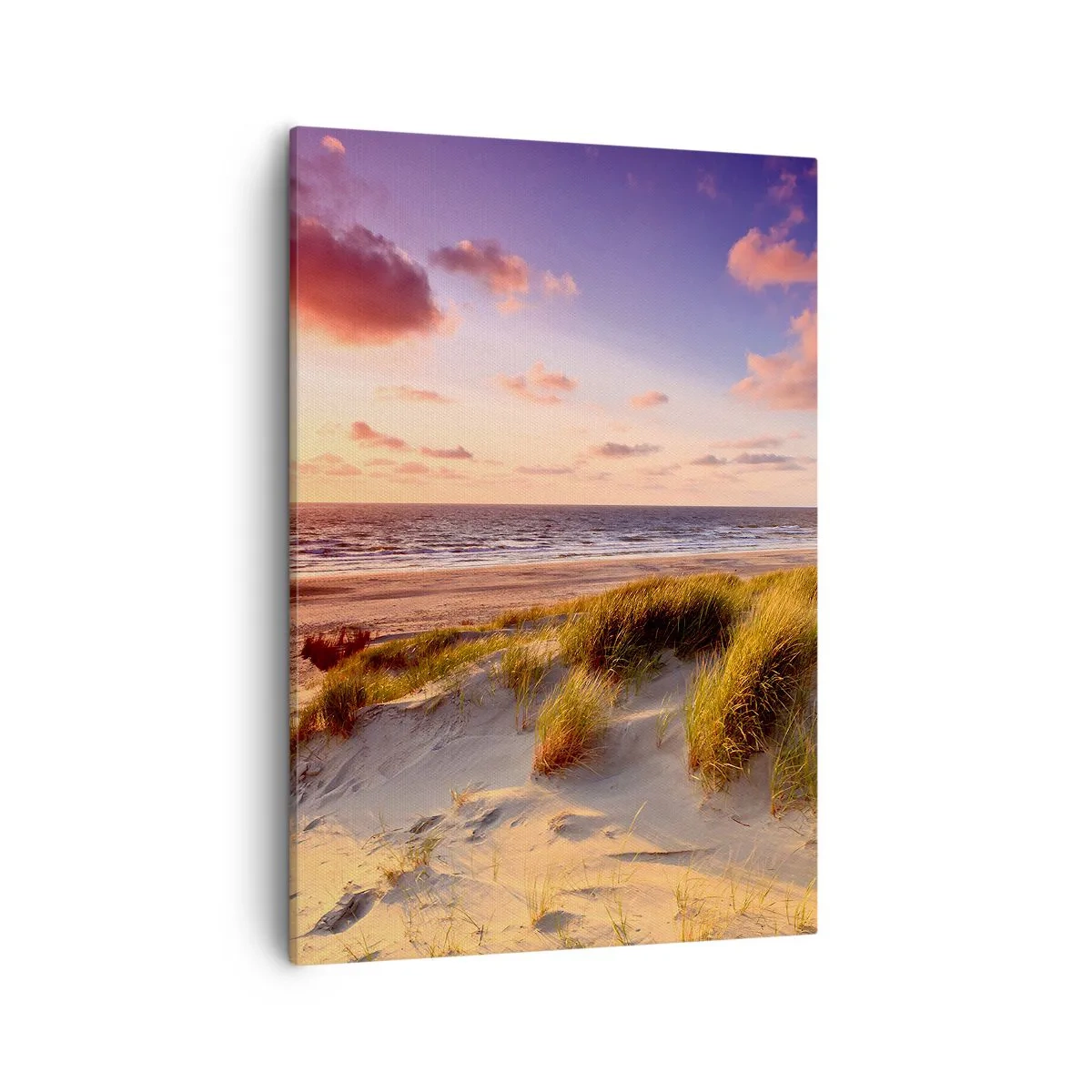 Quadro su tela - Stampe su Tela - Una spiaggia erbosa e un tramonto su un mare calmo - 50x70cm - L'aria già profuma di estate - Decorazione murale moderna per soggiorno e camera da letto ARTTOR