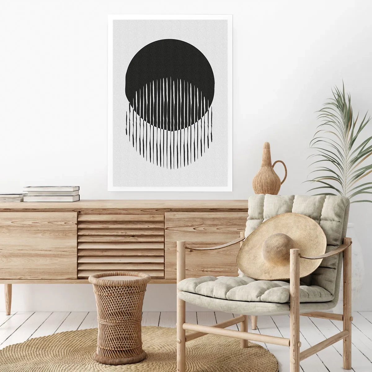 Poster - Composizione astratta di un cerchio nero e linee verticali - 50x70cm - Il suo alter ego - Decorazione murale moderna per soggiorno e camera da letto ARTTOR
