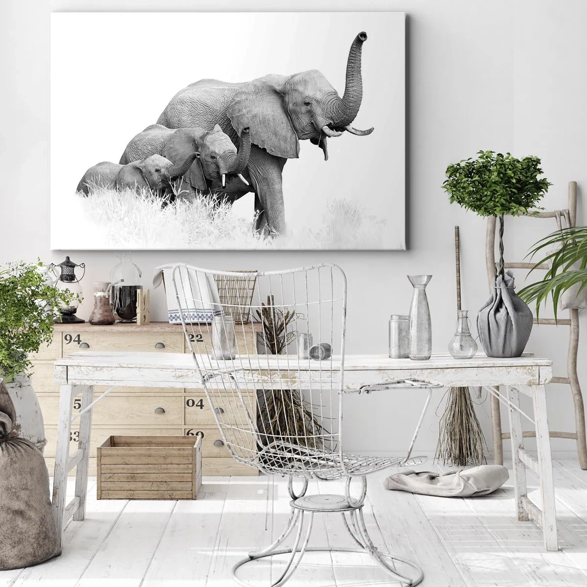 Quadro su tela - Stampe su Tela - Una famiglia di elefanti sullo sfondo di un paesaggio africano in bianco e nero. - 70x50cm - Uno, due, tre - Decorazione murale moderna per soggiorno e camera da letto ARTTOR