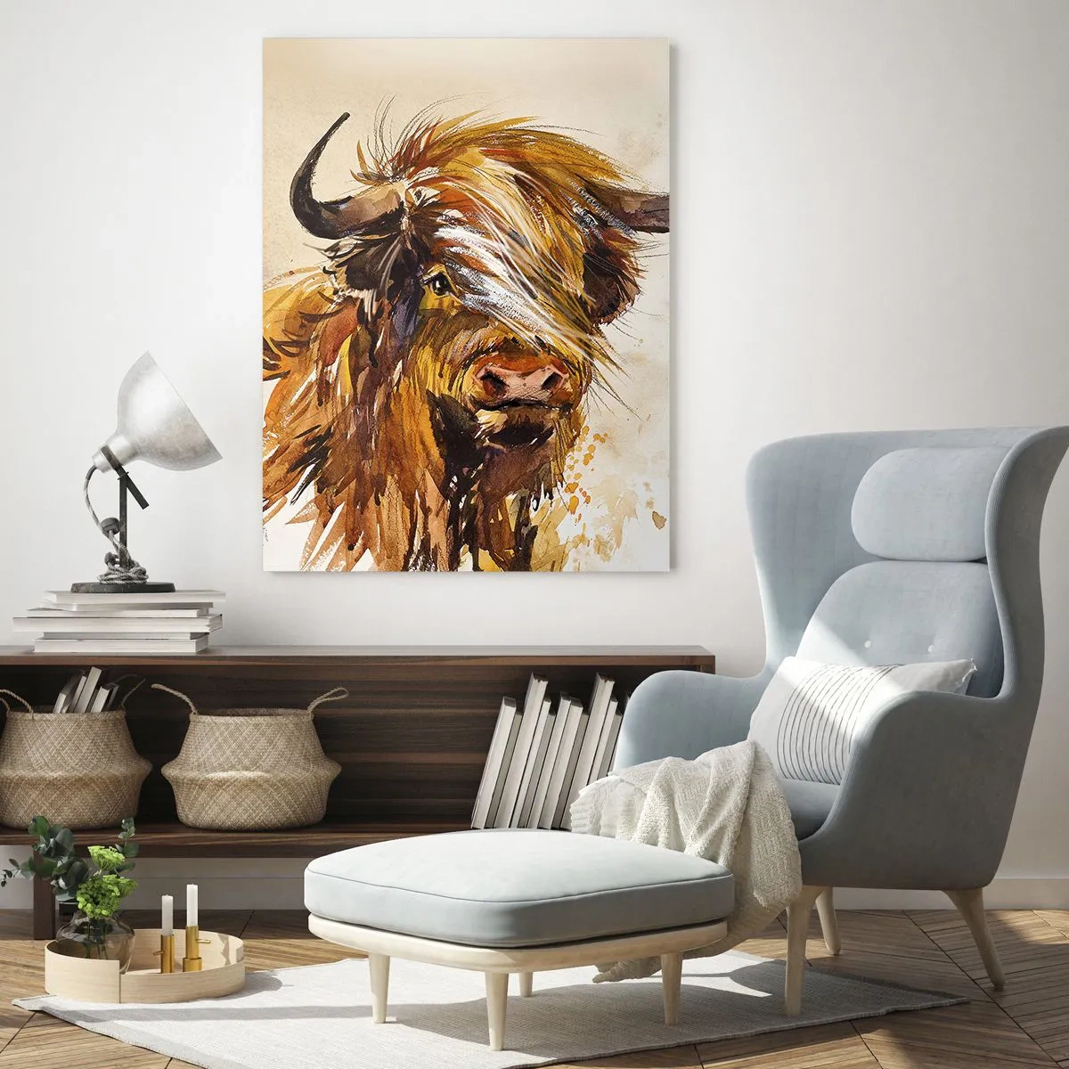 Quadro su vetro - Ritratto di un toro in stile acquerello artistico - 70x100cm - L'orgoglio del cacciatore - Decorazione murale moderna per soggiorno e camera da letto ARTTOR