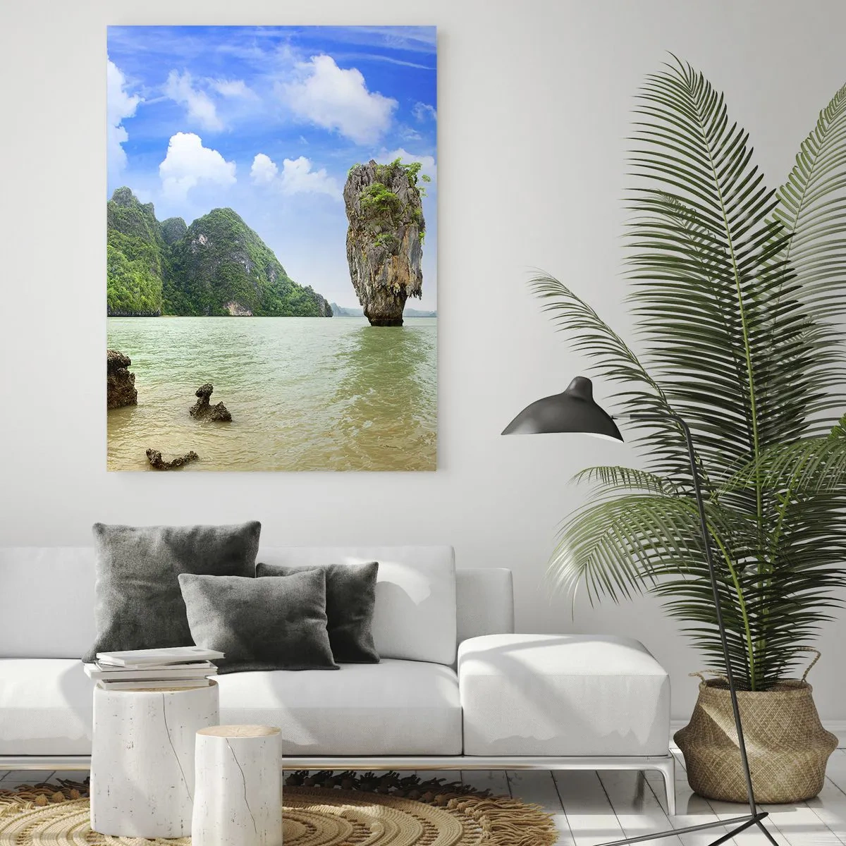 Quadro su vetro - Una roccia nell'acqua circondata da isole tropicali - 50x70cm - Meraviglie rocciose della natura - Decorazione murale moderna per soggiorno e camera da letto ARTTOR