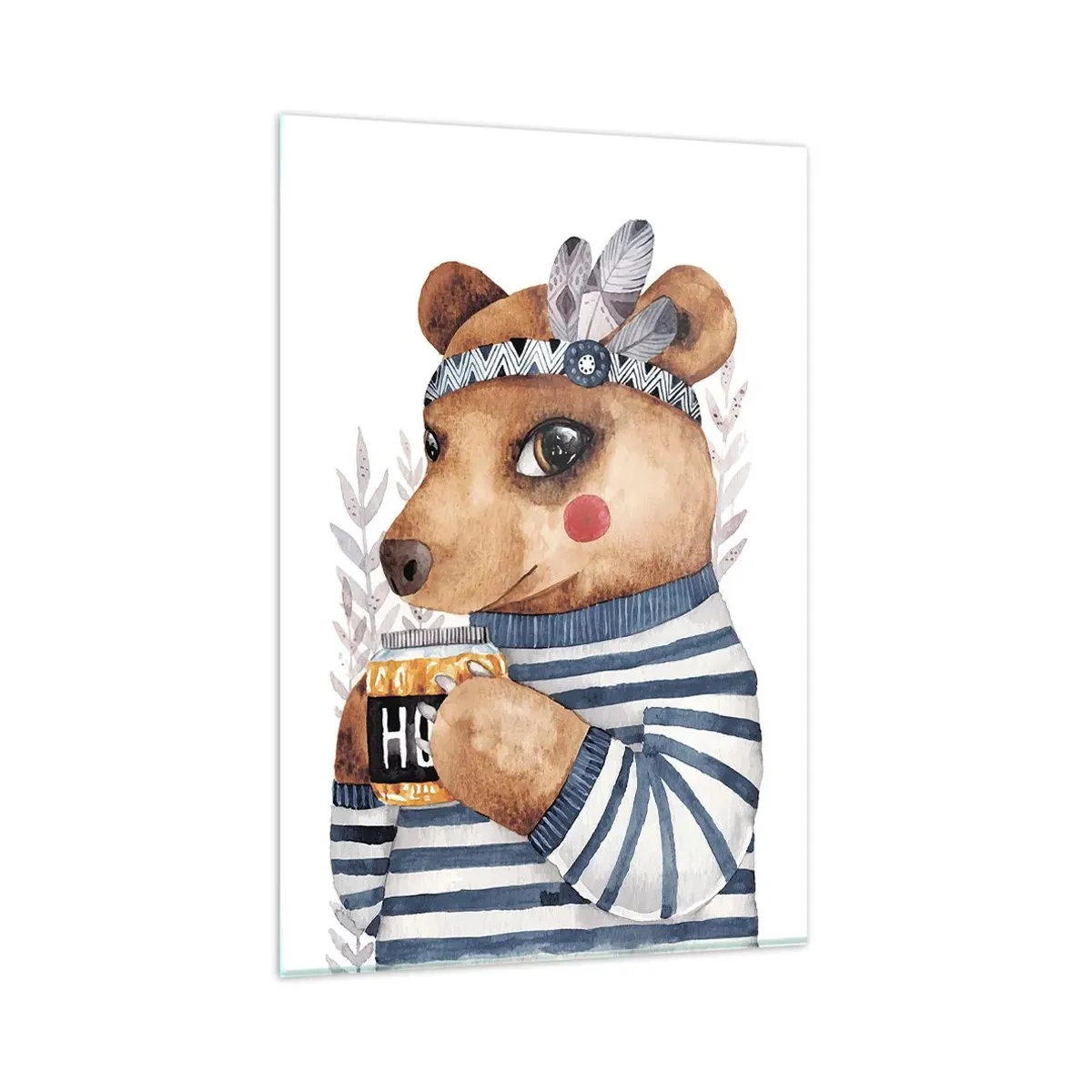 Quadro su vetro - Un orsacchiotto con un maglione a righe con una tazza di miele - 80x120cm - Dolce orsetto - Decorazione murale moderna per soggiorno e camera da letto ARTTOR