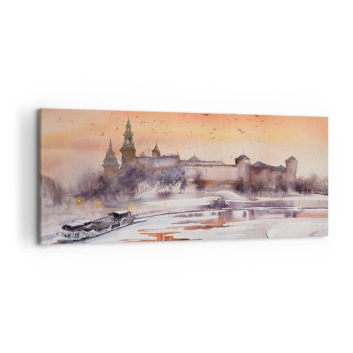 Quadro su tela - Stampe su Tela - Tramonto sul castello in uno scenario invernale - 120x50cm - Tramonto reale - Decorazione murale moderna per soggiorno e camera da letto ARTTOR