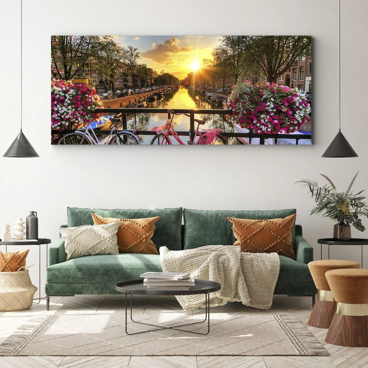 Quadro su tela - Stampe su Tela - Biciclette su un ponte al chiarore del sole al tramonto - 160x50cm - Mattino di primavera ad Amsterdam - Decorazione murale moderna per soggiorno e camera da letto ARTTOR