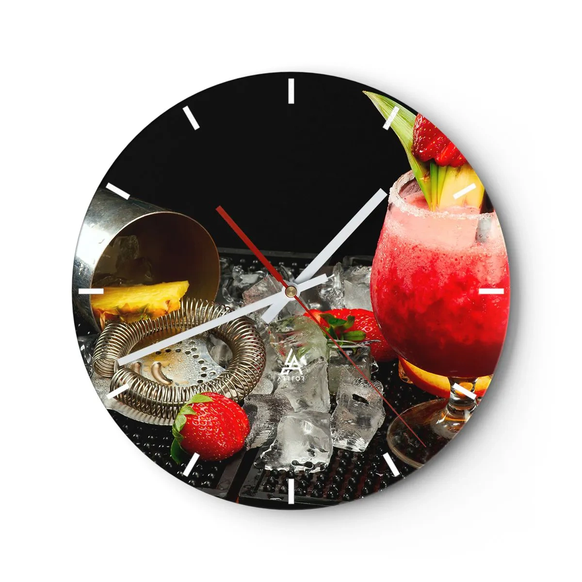 Orologio da parete - Orologio in Vetro - Cocktail alla fragola con guarnizioni e ghiaccio tritato - 30x30cm - Incantare il gusto - Decorazione murale moderna per soggiorno, cucina e camera da letto ARTTOR