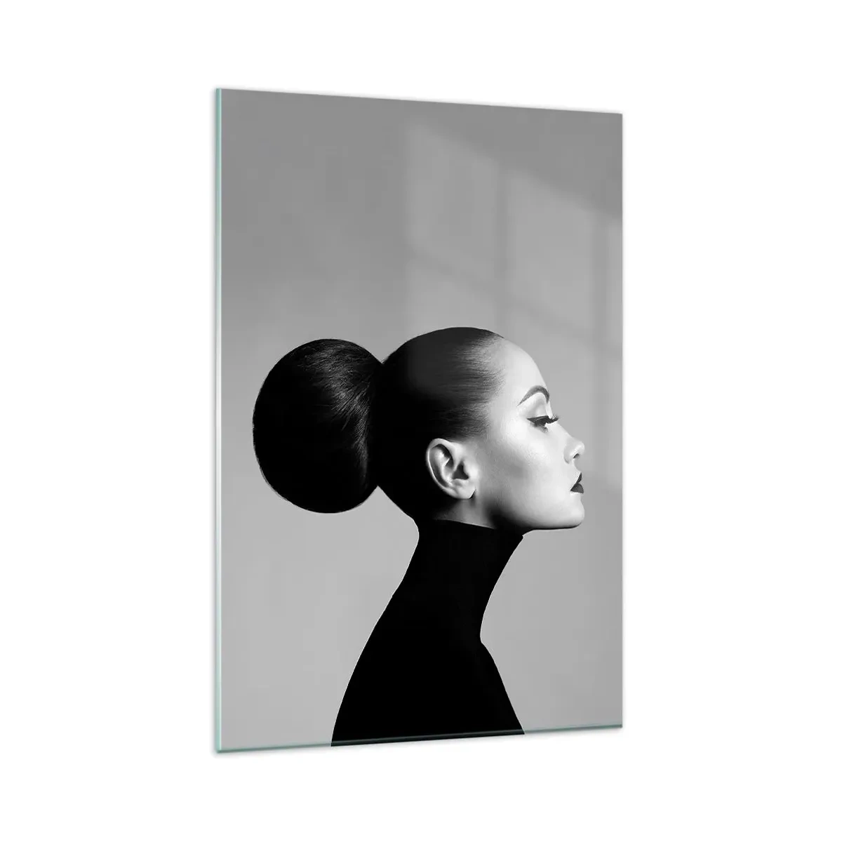 Quadro su vetro - Profilo di una donna in bianco e nero con un elegante chignon - 80x120cm - La Nefertiti di oggi - Decorazione murale moderna per soggiorno e camera da letto ARTTOR