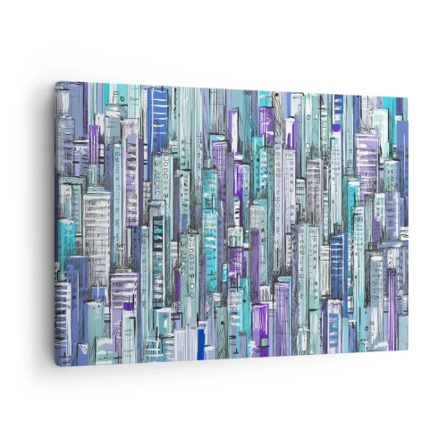 Quadro su tela - Stampe su Tela - Illustrazione di una città con edifici geometrici nelle tonalità del blu e del viola. - 70x50cm - Bluastri dal cielo - Decorazione murale moderna per soggiorno e camera da letto ARTTOR