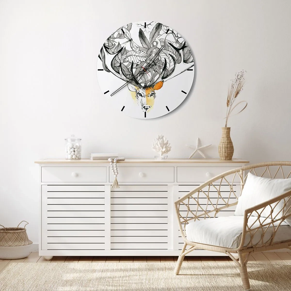 Orologio da parete - Orologio in Vetro - Disegno artistico di un cervo con corna e foglie distese - 30x30cm - I corni dell'abbondanza - Decorazione murale moderna per soggiorno, cucina e camera da letto ARTTOR