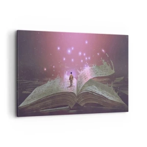 Quadro su tela - Stampe su Tela - Una figura cammina su un libro aperto in una luce magica. - 120x80cm - Invito ad un altro mondo: leggi! - Decorazione murale moderna per soggiorno e camera da letto ARTTOR