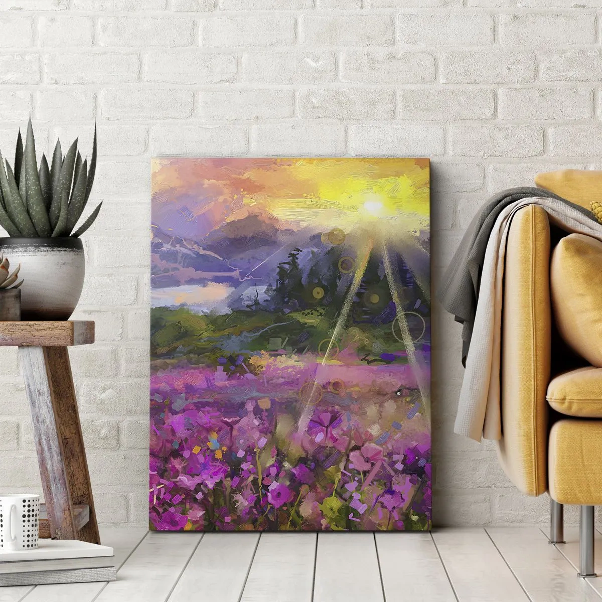 Quadro su tela - Stampe su Tela - Un pittoresco prato sotto i raggi del sole al tramonto - 50x70cm - Nella valle sotto la cura del sole - Decorazione murale moderna per soggiorno e camera da letto ARTTOR