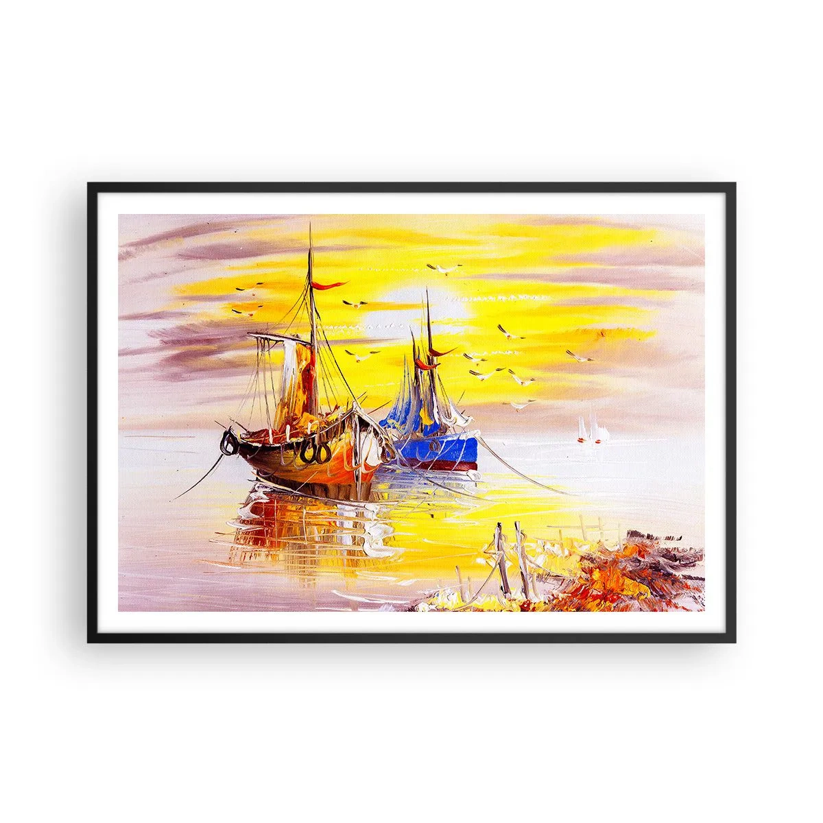 Poster in cornice nera - Una scena pittorica di barche su un mare calmo - 100x70cm - Meritato riposo nel porto - Decorazione murale moderna per soggiorno e camera da letto ARTTOR