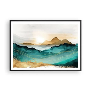 Poster in cornice nera - Paesaggio astratto con montagne e accenti dorati - 100x70cm - Paesaggio ai confini dell'astrazione - Decorazione murale moderna per soggiorno e camera da letto ARTTOR