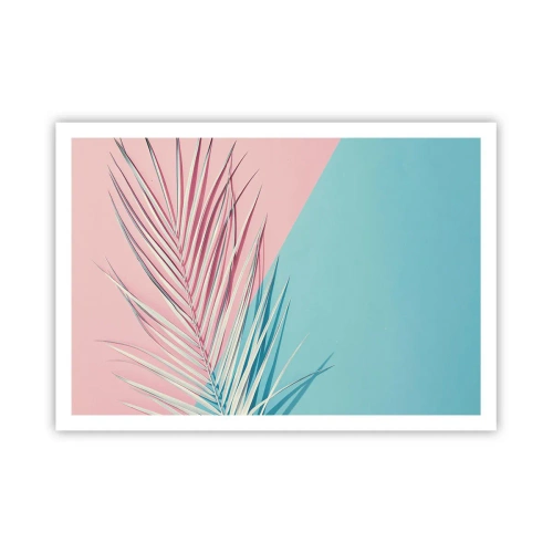 Poster - Foglia tropicale su uno sfondo di tonalità pastello di rosa e blu - 100x70cm - Impressione tropicale - Decorazione murale moderna per soggiorno e camera da letto ARTTOR